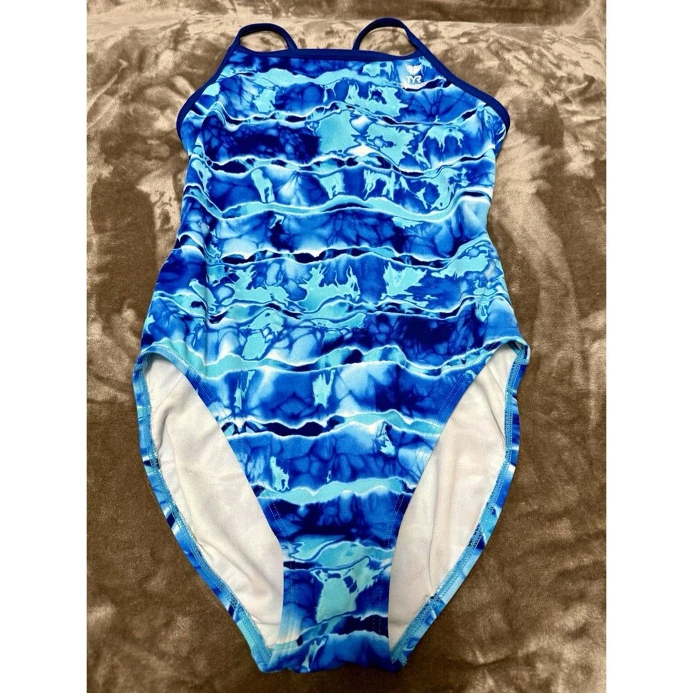 TYR Durafast Size 38 Blue Abstract Open Back Swimsuit Lap Training Competition
